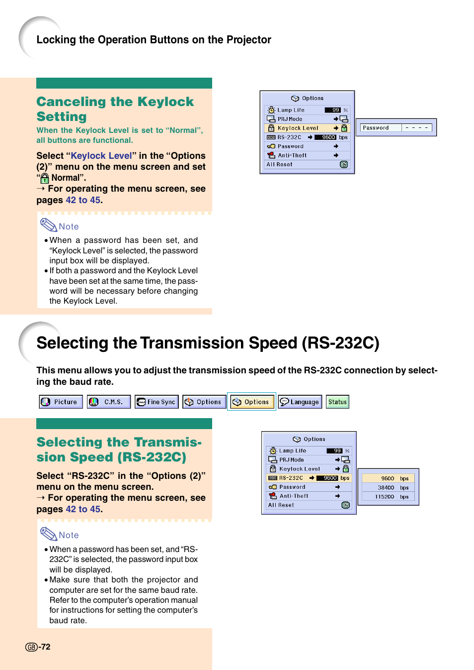 Canceling the keylock setting, Selecting the transmission speed (rs-232c), Selecting the transmission speed | Rs-232c), Selecting the transmis- sion speed (rs-232c), Locking the operation buttons on the projector | Sharp Notevision PG-C45X User Manual | Page 76 / 106