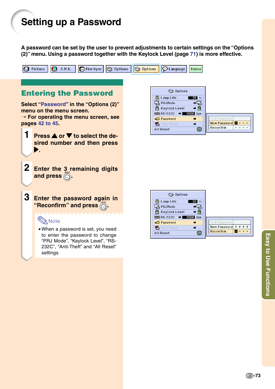 Setting up a password, Entering the password | Sharp Notevision PG-C45X User Manual | Page 77 / 106