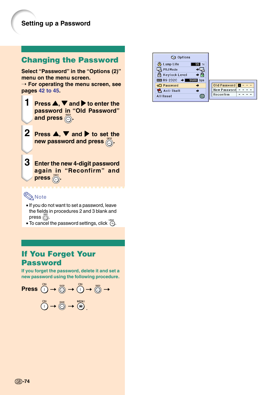 Changing the password, If you forget your password, Changing the password if you forget your password | Sharp Notevision PG-C45X User Manual | Page 78 / 106
