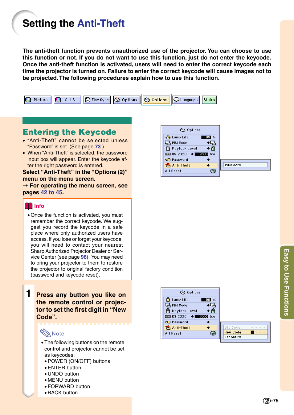 Setting the anti-theft, Entering the keycode, Is set | Sharp Notevision PG-C45X User Manual | Page 79 / 106