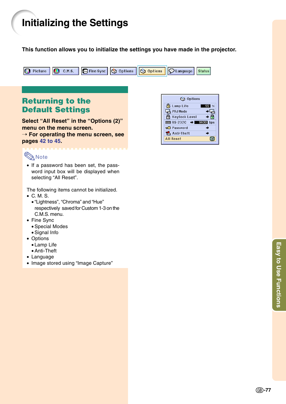 Initializing the settings, Returning to the default settings | Sharp Notevision PG-C45X User Manual | Page 81 / 106