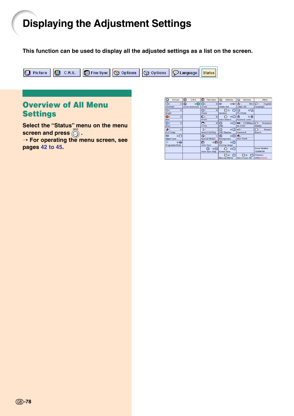 Displaying the adjustment settings, Overview of all menu settings | Sharp Notevision PG-C45X User Manual | Page 82 / 106