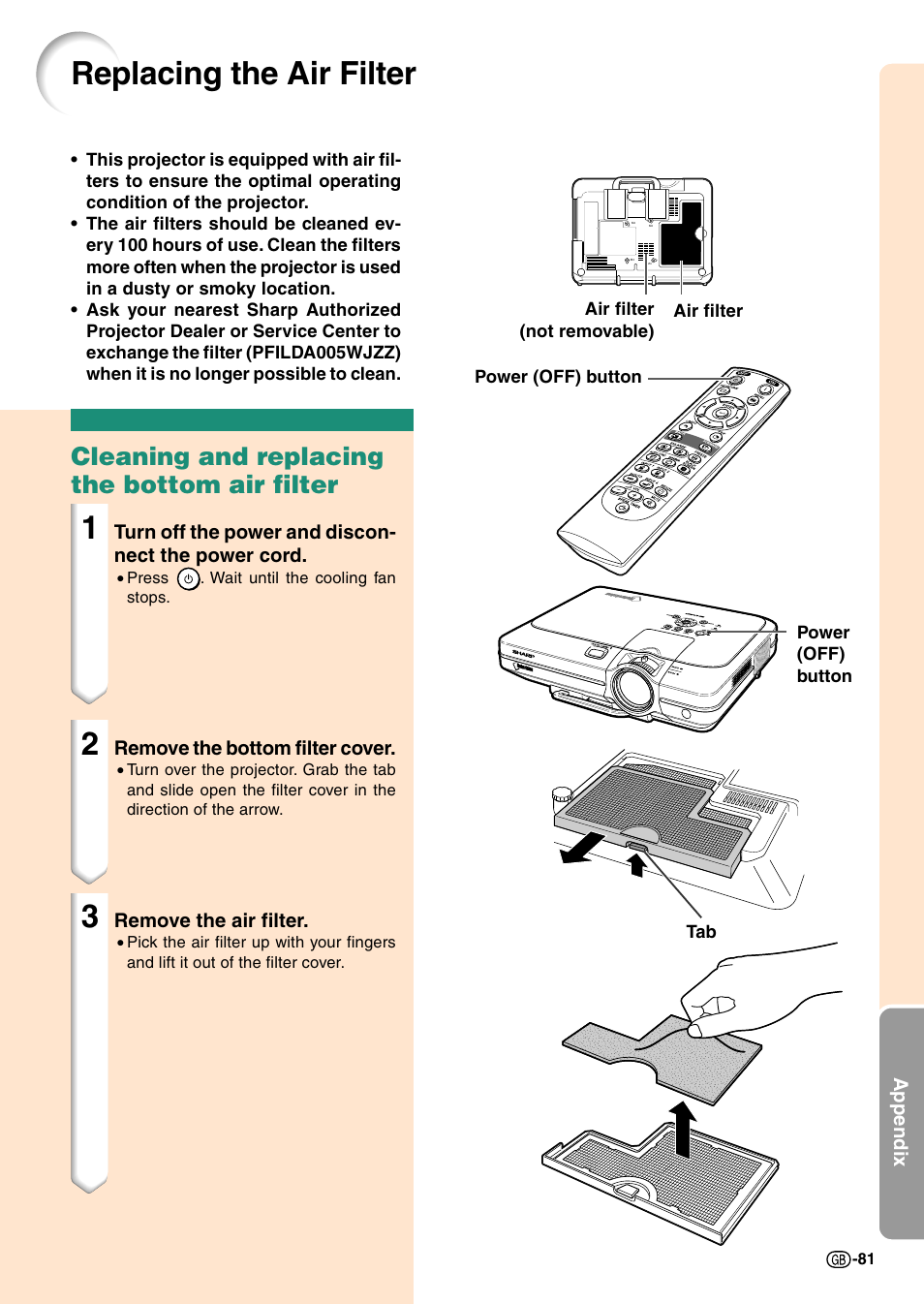 Replacing the air filter, Cleaning and replacing the bottom air filter | Sharp Notevision PG-C45X User Manual | Page 85 / 106