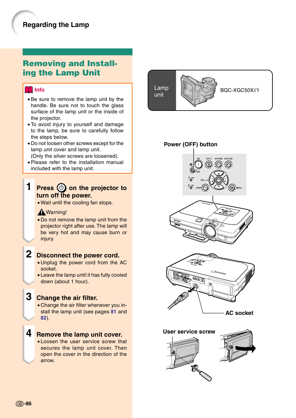 Removing and installing the lamp unit, Removing and install- ing the lamp unit | Sharp Notevision PG-C45X User Manual | Page 90 / 106