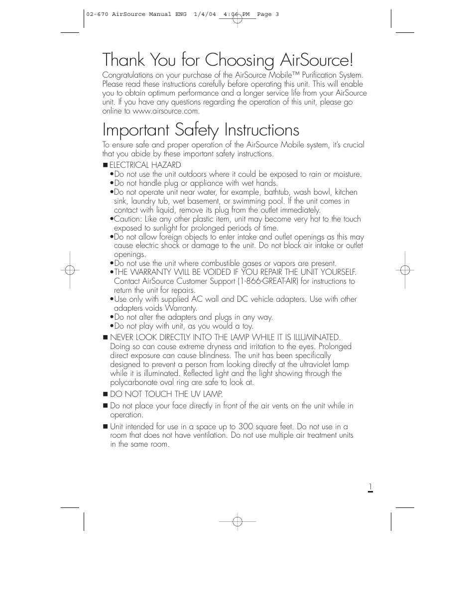 Important safety instructions | Shaklee AirSource Purification System User Manual | Page 2 / 7