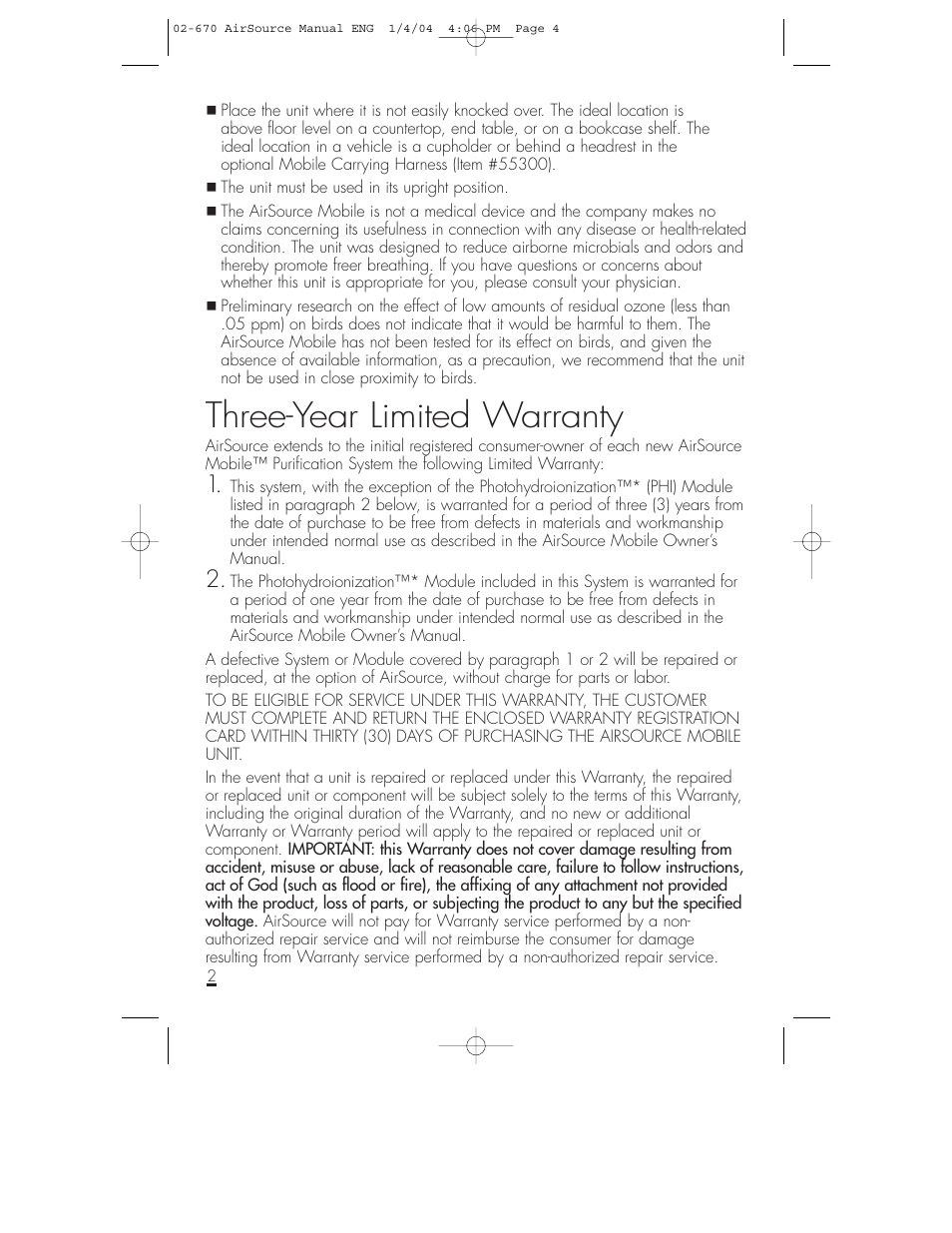 Three-year limited warranty | Shaklee AirSource Purification System User Manual | Page 3 / 7