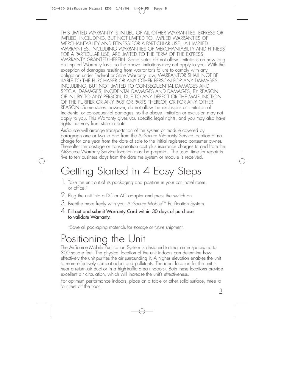 Getting started in 4 easy steps, Positioning the unit | Shaklee AirSource Purification System User Manual | Page 4 / 7
