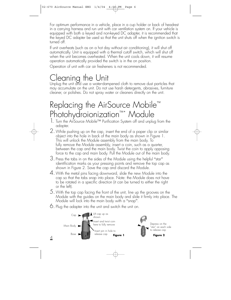 Cleaning the unit, Replacing the airsource mobile, Photohydroionization | Module | Shaklee AirSource Purification System User Manual | Page 5 / 7
