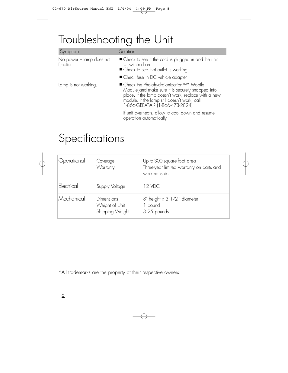 Troubleshooting the unit, Specifications | Shaklee AirSource Purification System User Manual | Page 7 / 7