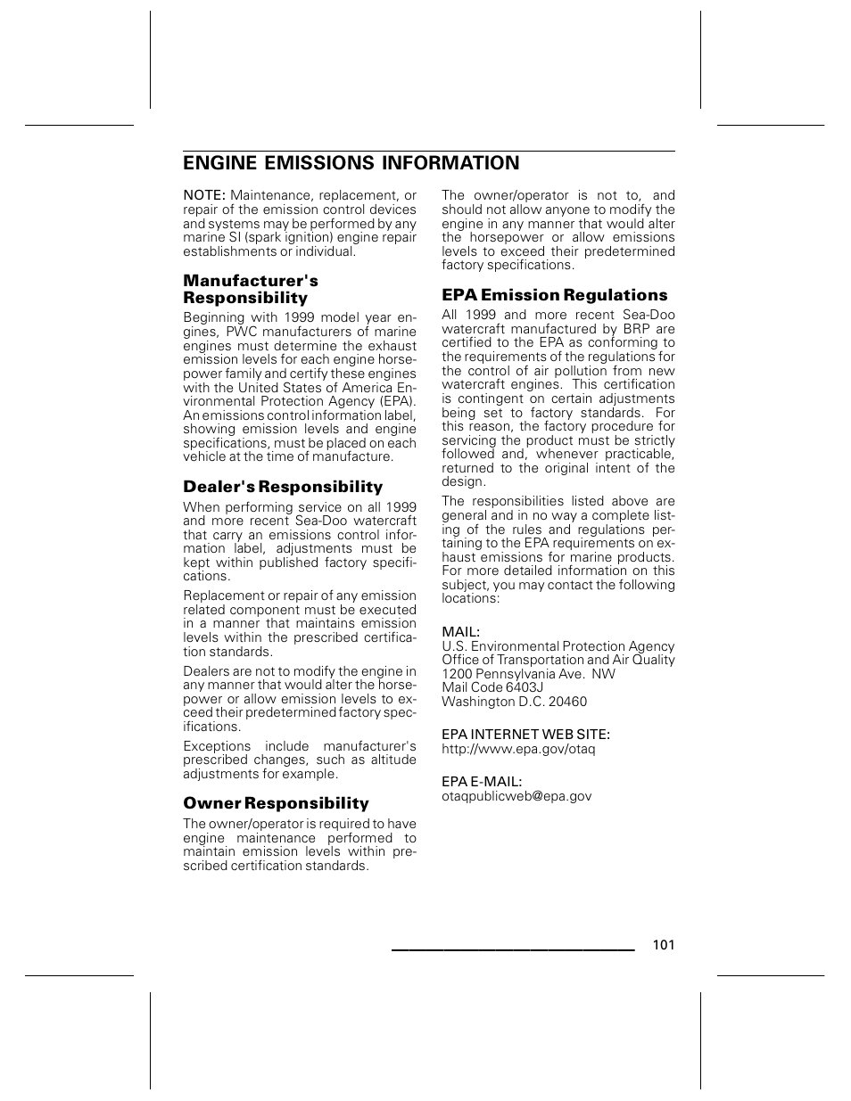 Engine emissions information, Manufacturer s responsibility, Dealer s responsibility | Owner responsibility, Epa emission regulations | Ski-Doo WAKE Series User Manual | Page 103 / 148