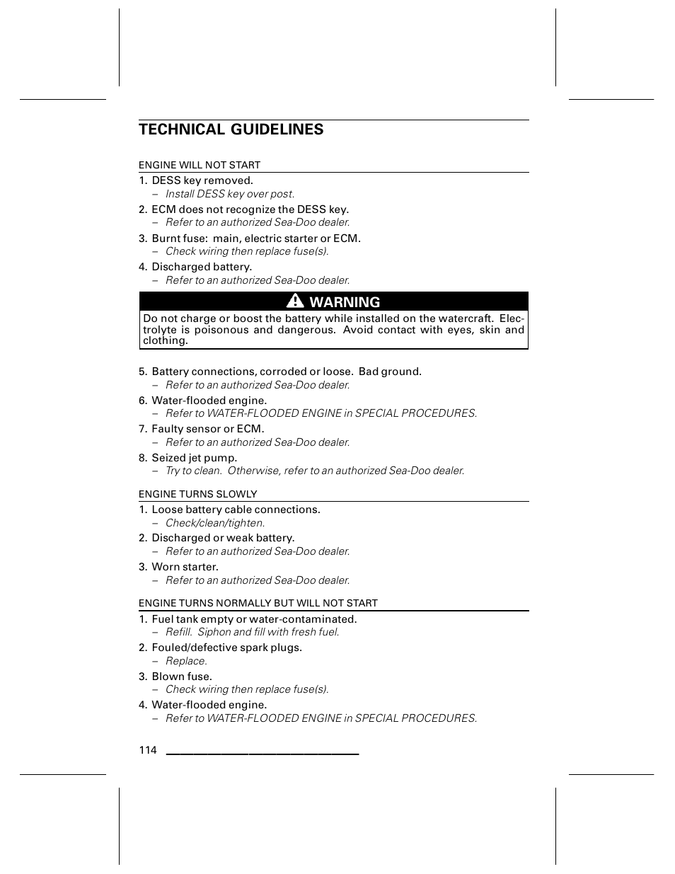 Technical guidelines, Engine will not start, Engine turns slowly | Engine turns normally but will not start | Ski-Doo WAKE Series User Manual | Page 116 / 148