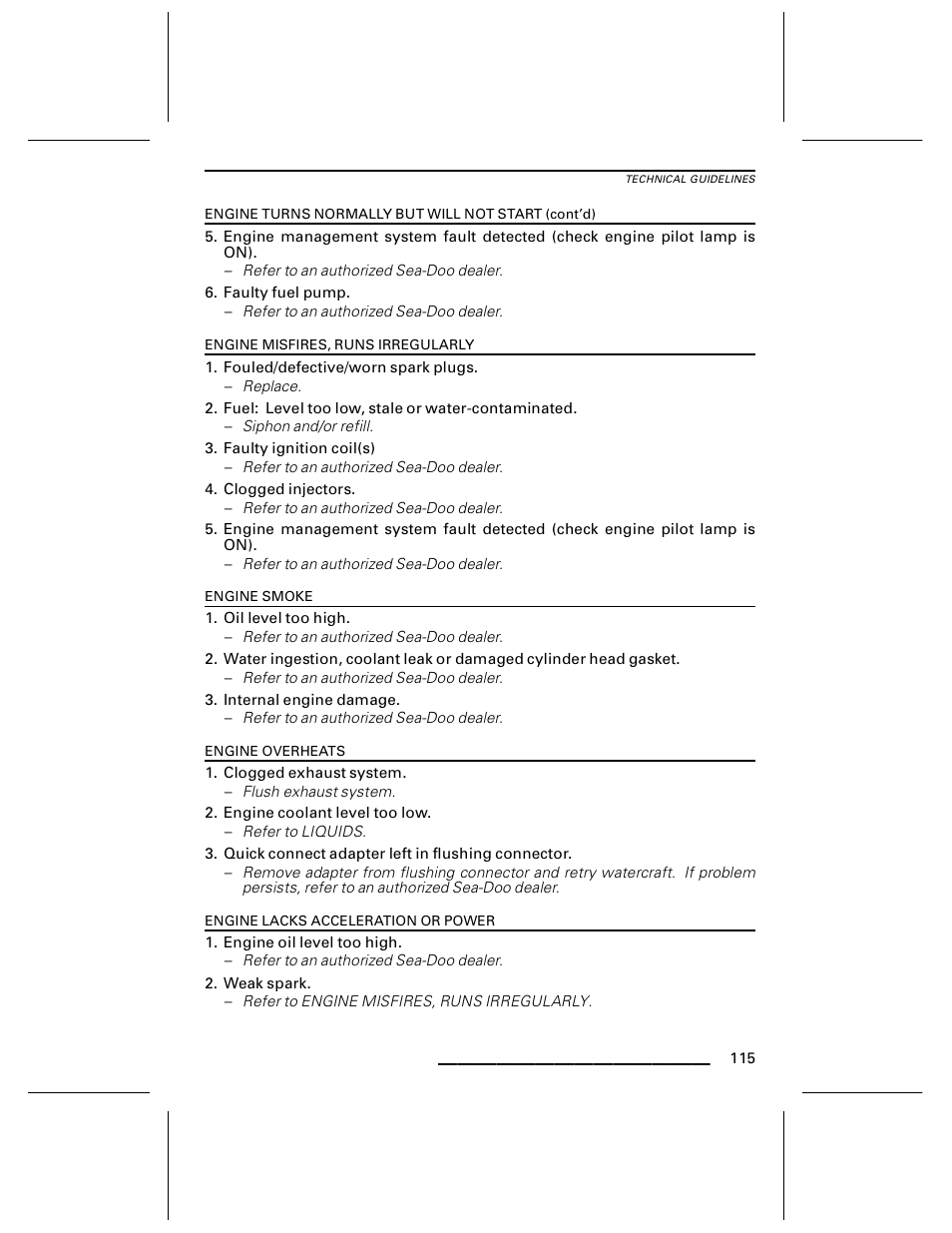 Engine misfires, runs irregularly, Engine smoke, Engine overheats | Engine lacks acceleration or power | Ski-Doo WAKE Series User Manual | Page 117 / 148