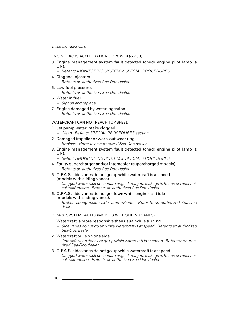 Watercraft can not reach top speed, O.p.a.s. system faults (models with sliding vanes) | Ski-Doo WAKE Series User Manual | Page 118 / 148