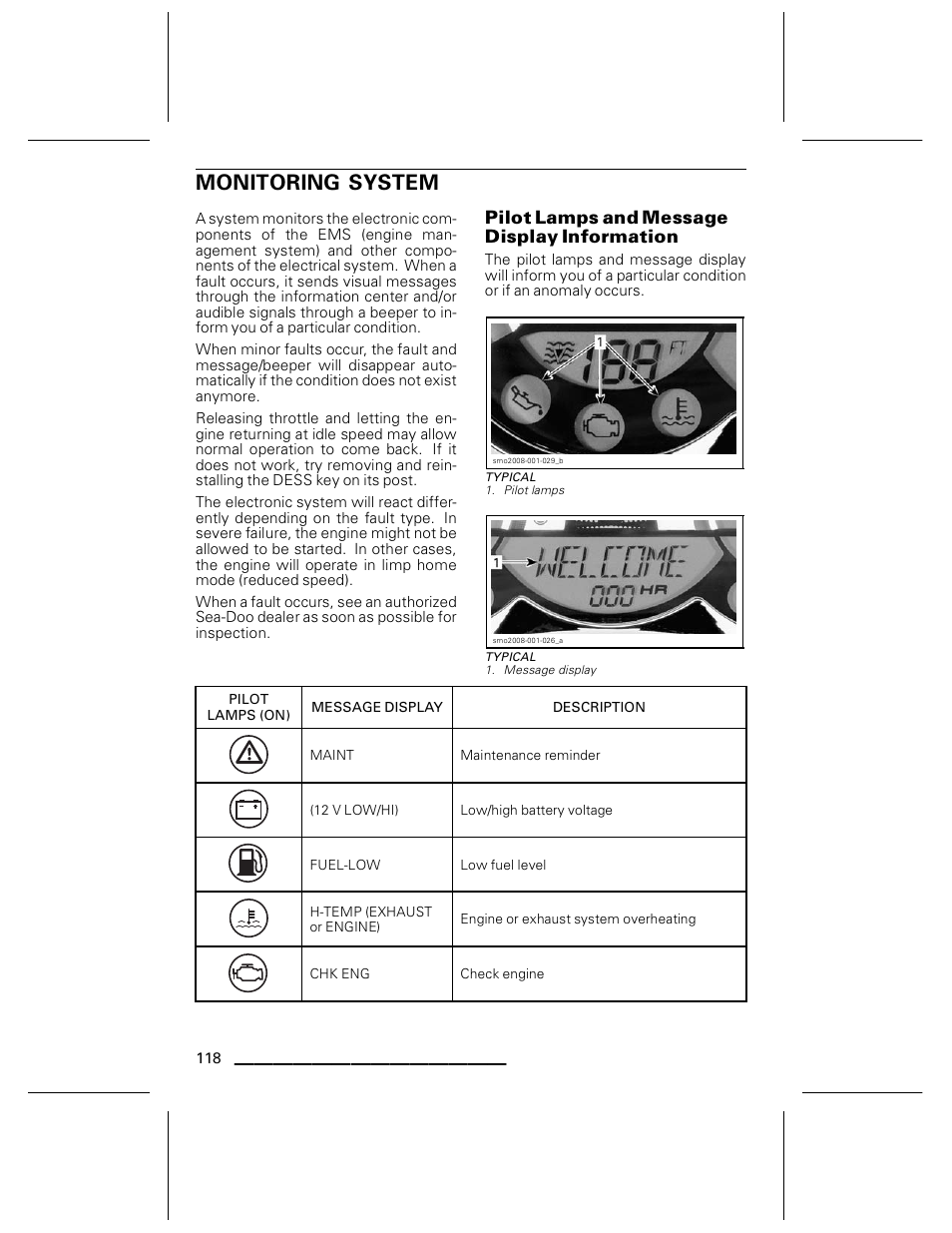 Monitoring system, Pilot lamps and message display information, Typical | Ski-Doo WAKE Series User Manual | Page 120 / 148