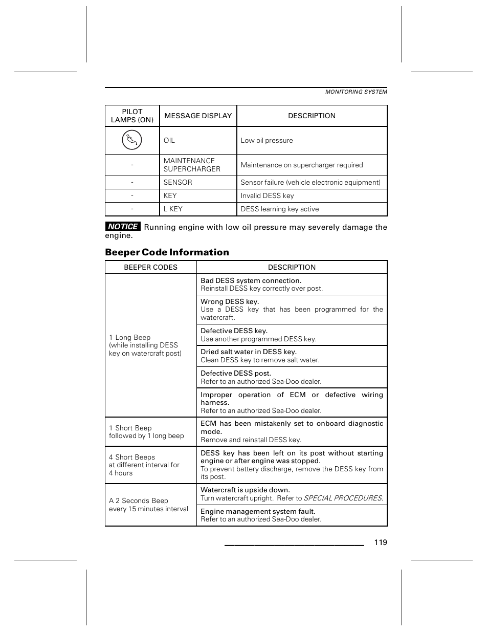 Beeper code information | Ski-Doo WAKE Series User Manual | Page 121 / 148