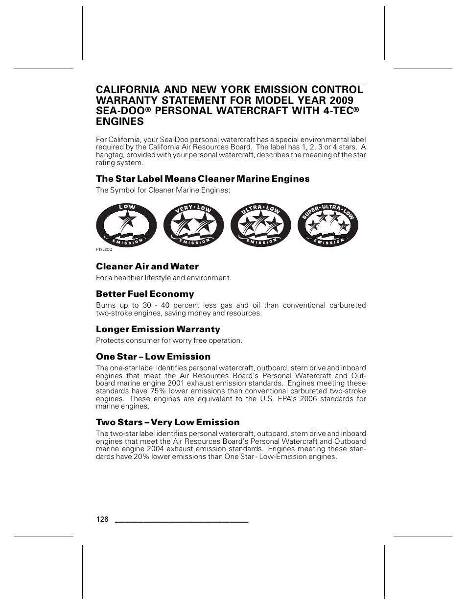 The star label means cleaner marine engines, Cleaner air and water, Better fuel economy | Longer emission warranty, One star – low emission, Two stars – very low emission, Personal watercraft with 4-tec, Engines | Ski-Doo WAKE Series User Manual | Page 128 / 148