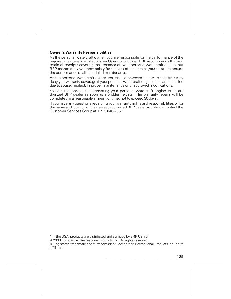 Owner’s warranty responsibilities | Ski-Doo WAKE Series User Manual | Page 131 / 148
