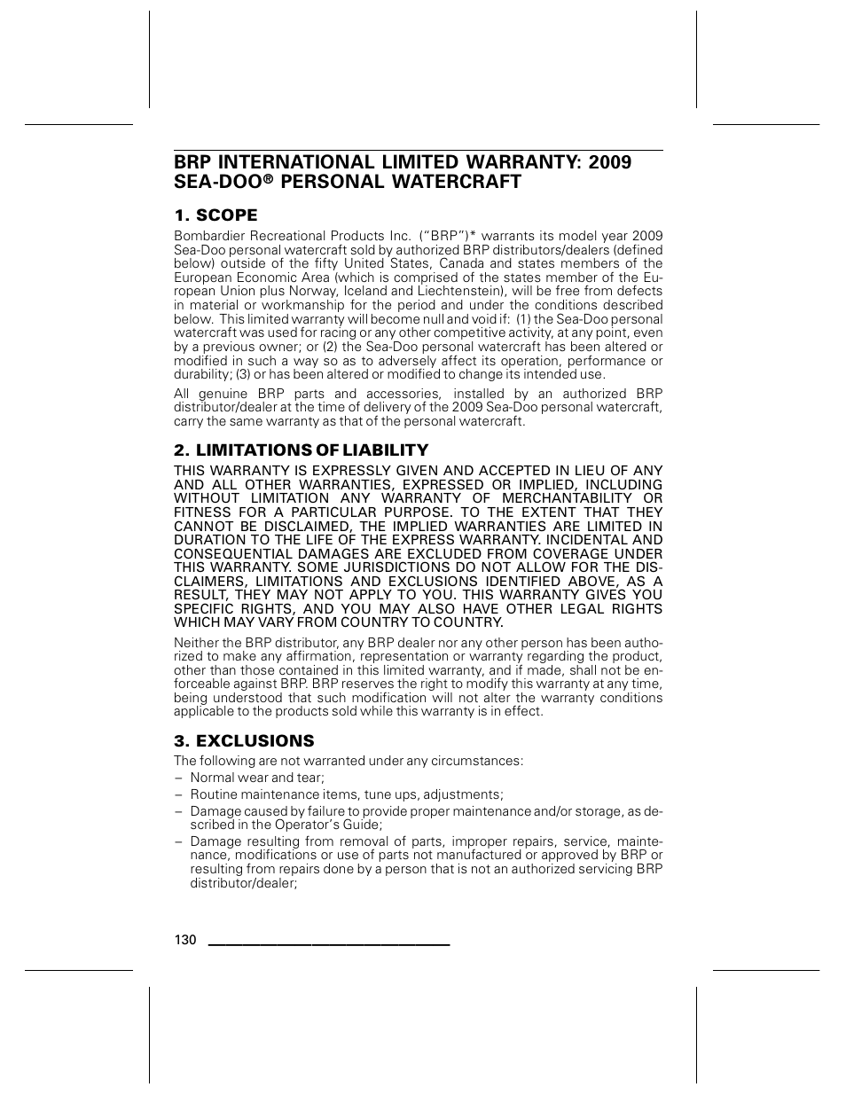 Scope, Limitations of liability, Exclusions | Brp international limited warranty: 2009 sea-doo, Personal watercraft | Ski-Doo WAKE Series User Manual | Page 132 / 148