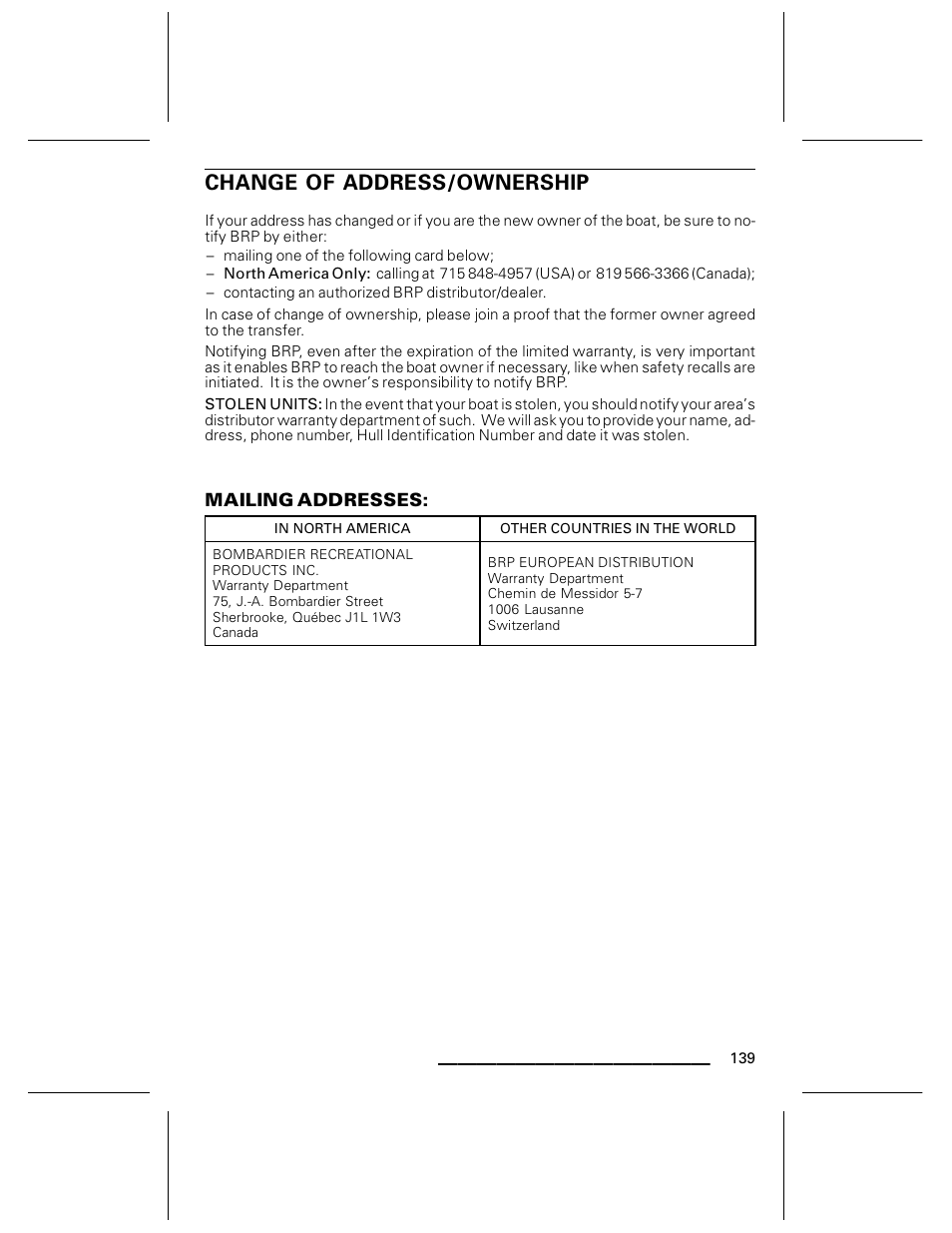 Change of address/ownership, Mailing addresses | Ski-Doo WAKE Series User Manual | Page 141 / 148