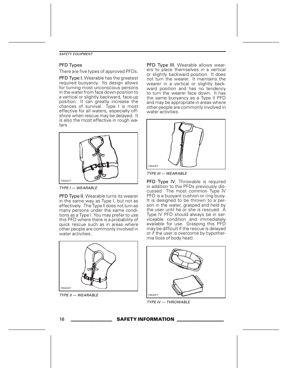 Pfd types, Type i — wearable, Type ii — wearable | Type iii — wearable, Type iv — throwable | Ski-Doo WAKE Series User Manual | Page 18 / 148