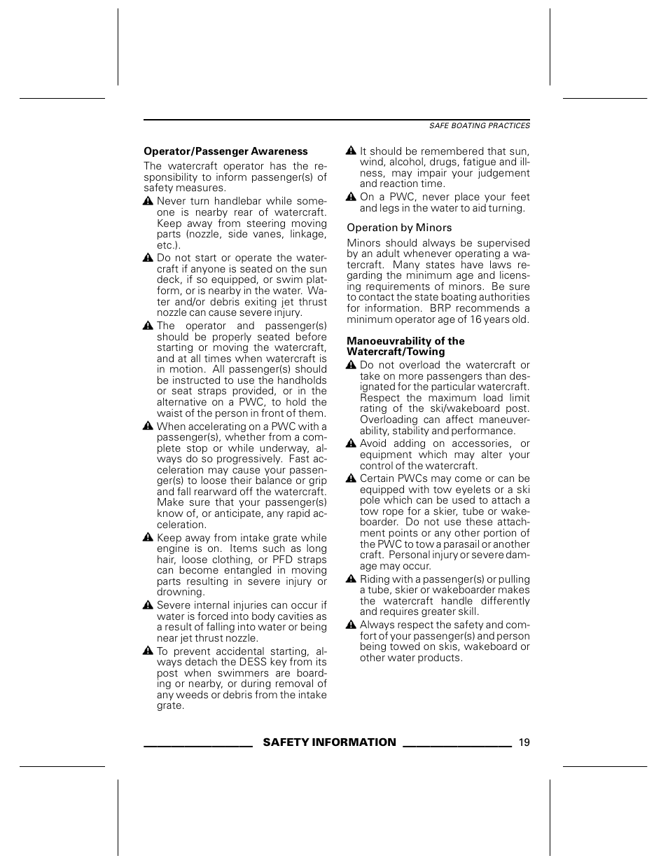 Operator/passenger awareness, Operation by minors, Manoeuvrability of the watercraft/towing | Ski-Doo WAKE Series User Manual | Page 21 / 148