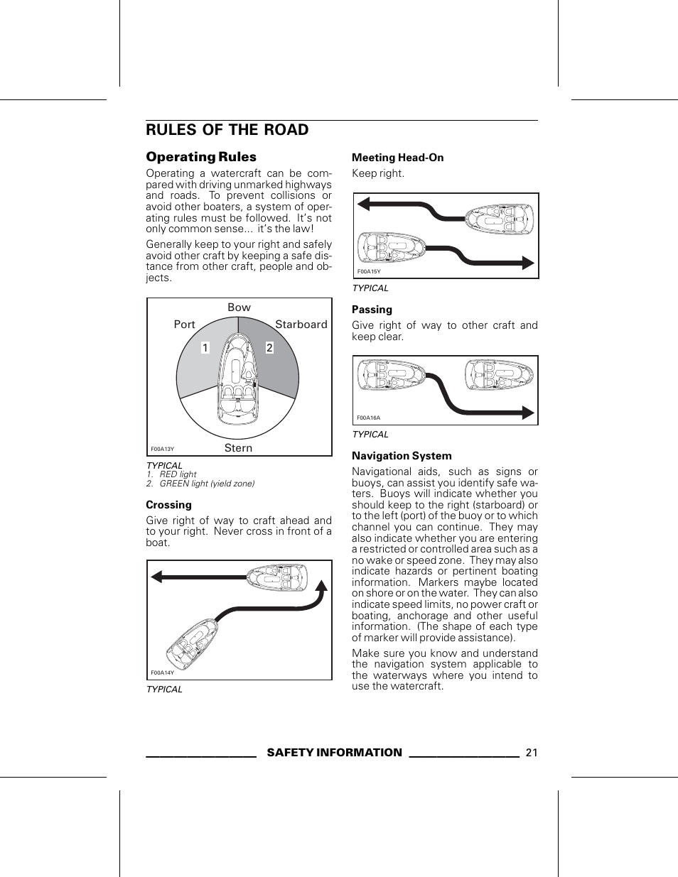 Rules of the road, Operating rules, Typical | Crossing, Meeting head-on, Passing, Navigation system | Ski-Doo WAKE Series User Manual | Page 23 / 148