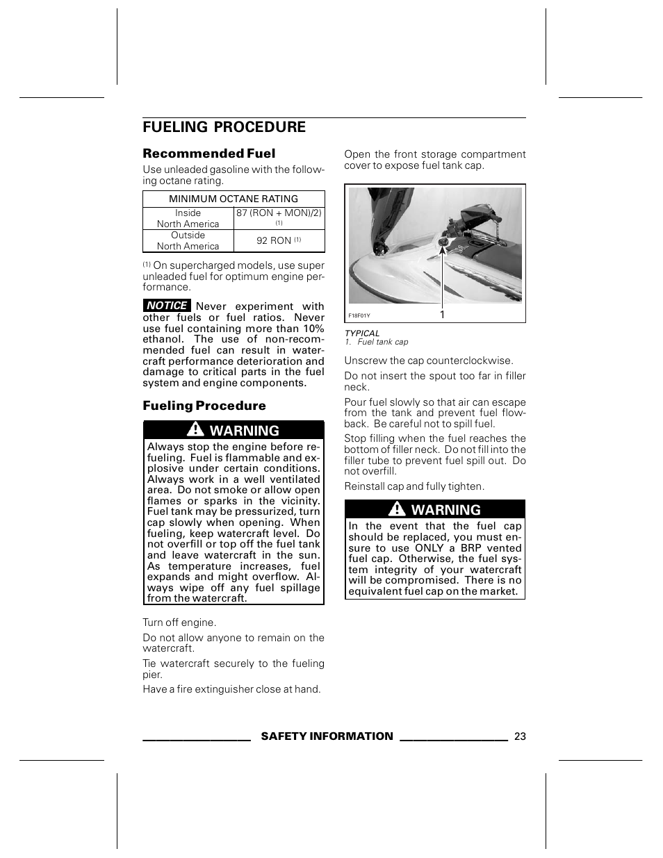 Fueling procedure, Recommended fuel, Typical | Warning | Ski-Doo WAKE Series User Manual | Page 25 / 148