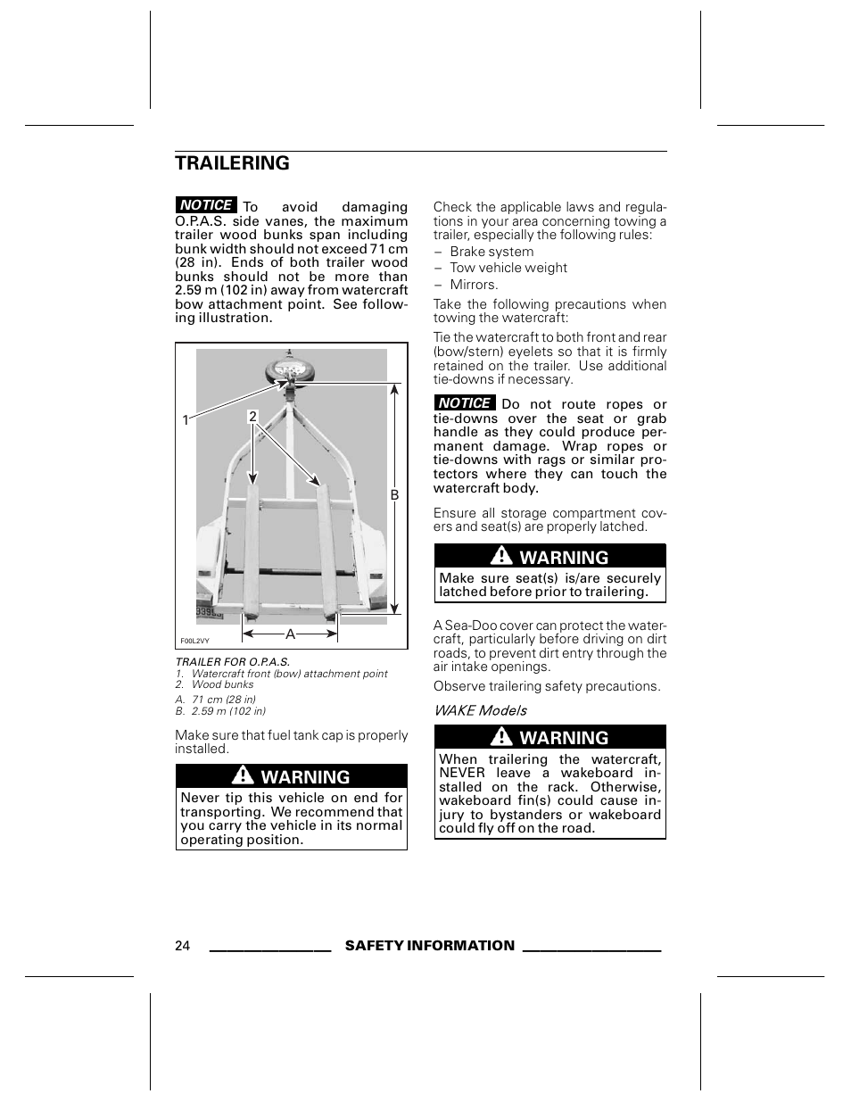 Trailering, Trailer for o.p.a.s | Ski-Doo WAKE Series User Manual | Page 26 / 148