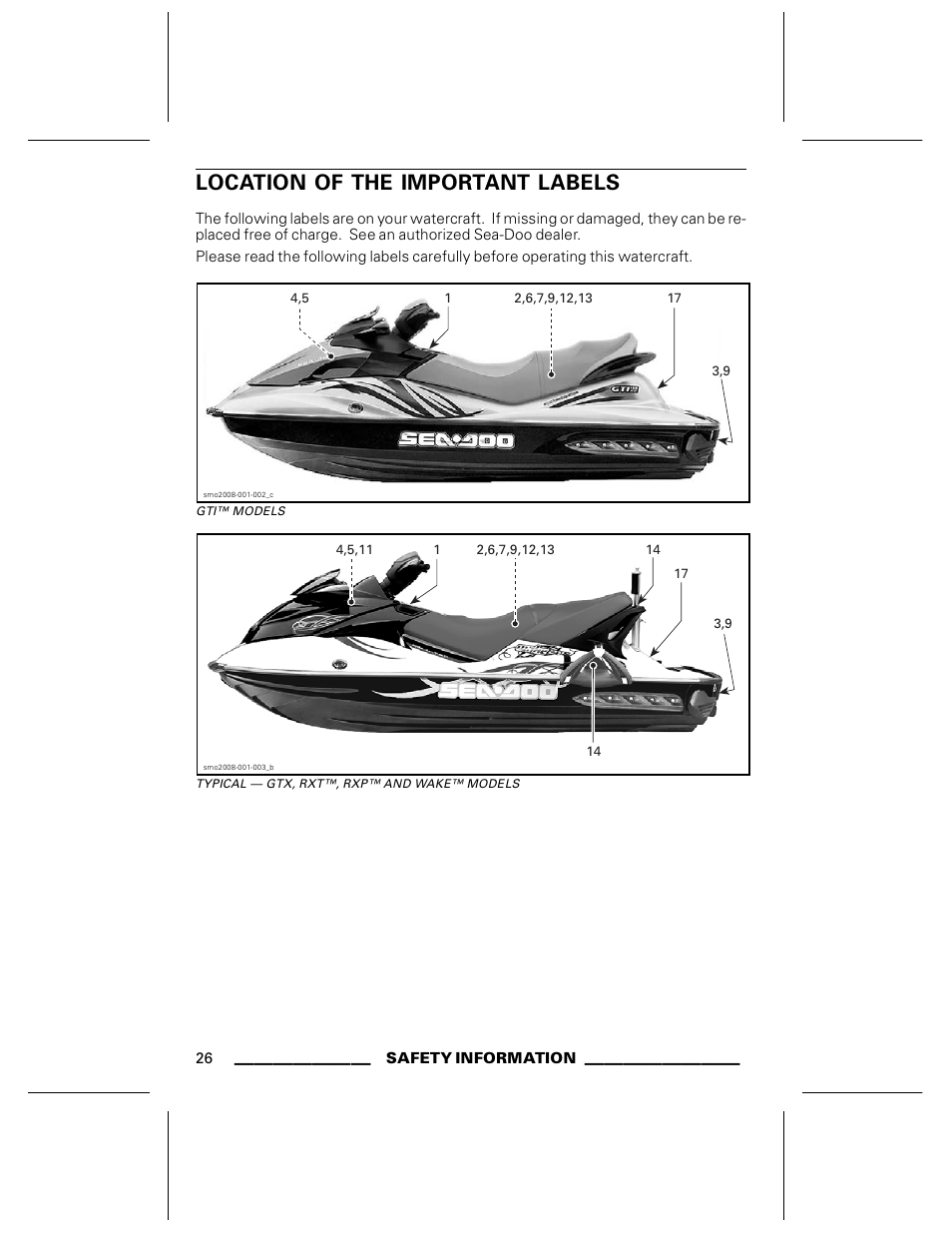 Location of the important labels, Gti™ models, Typical — gtx, rxt™, rxp™ and wake™ models | Ski-Doo WAKE Series User Manual | Page 28 / 148