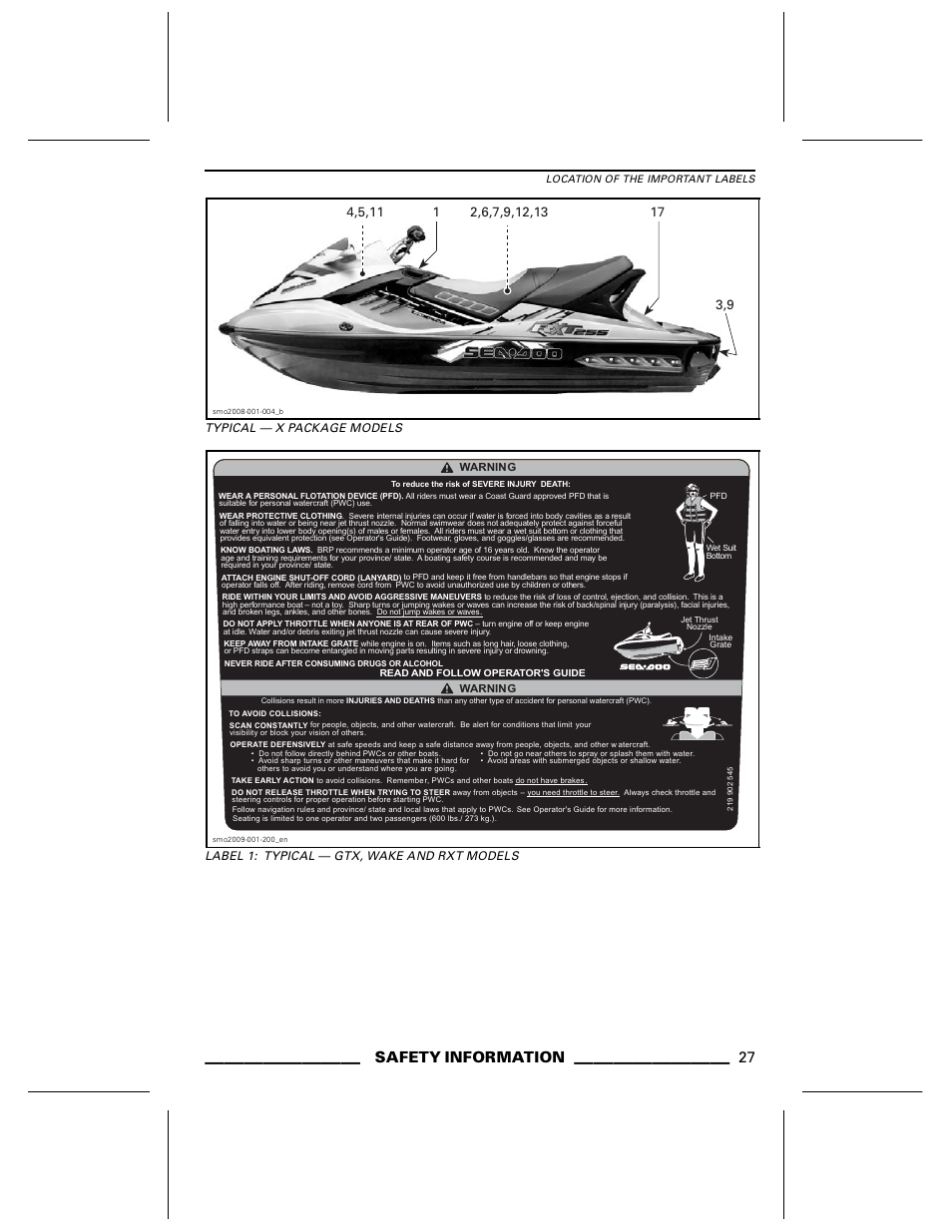 Typical — x package models, Label 1: typical — gtx, wake and rxt models, Safety information | Ski-Doo WAKE Series User Manual | Page 29 / 148