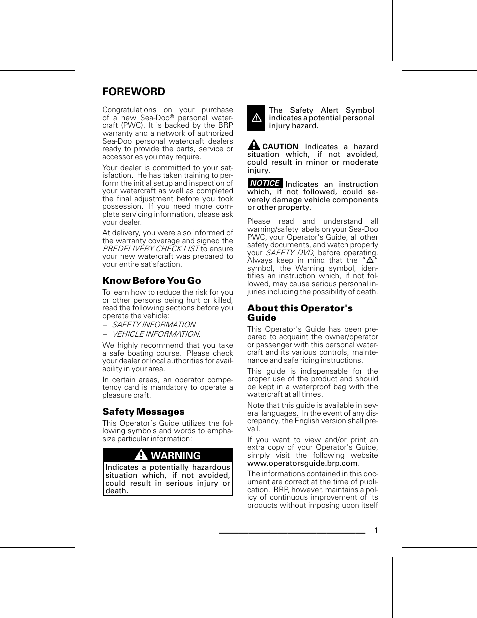 Foreword, Know b efore y ou g o, Safety messages | About this operator s guide, Warning | Ski-Doo WAKE Series User Manual | Page 3 / 148