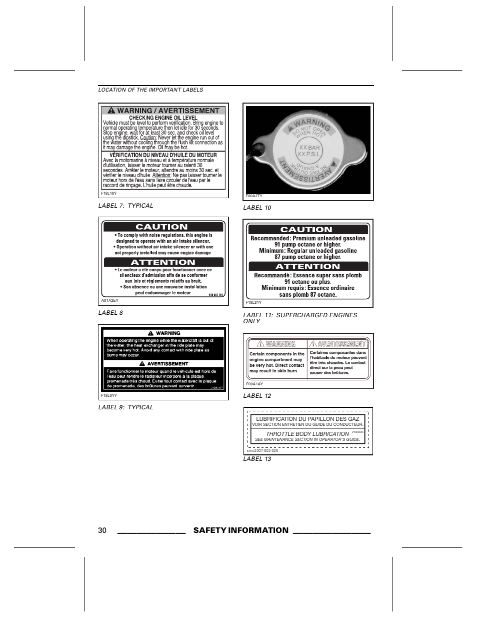 Label 7: typical, Label 8, Label 9: typical | Label 10, Label 1 1: supercharged engines only, Label 1 2, Label 1 3 | Ski-Doo WAKE Series User Manual | Page 32 / 148