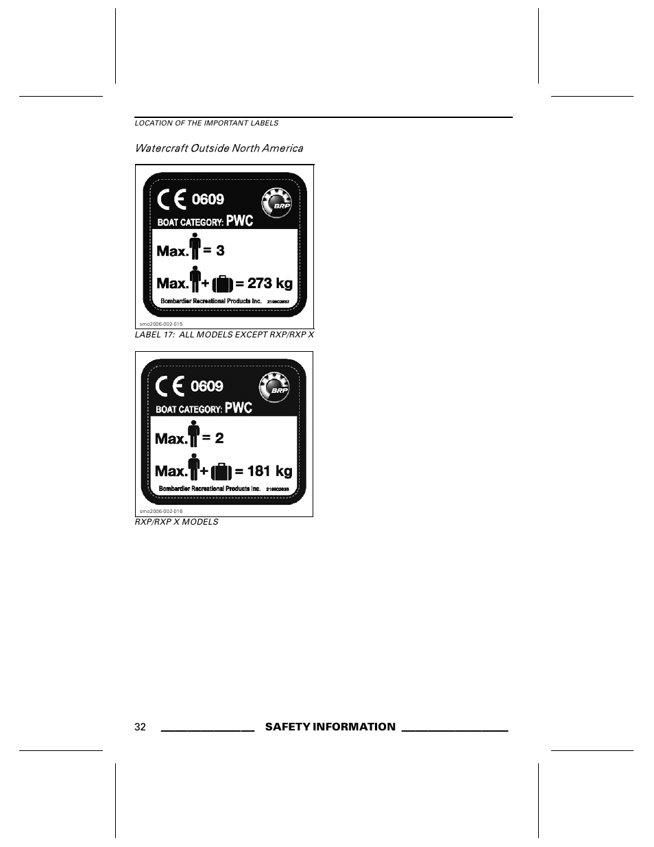 Label 1 7: all models except rxp/rxp x, Rxp/rxp x models | Ski-Doo WAKE Series User Manual | Page 34 / 148