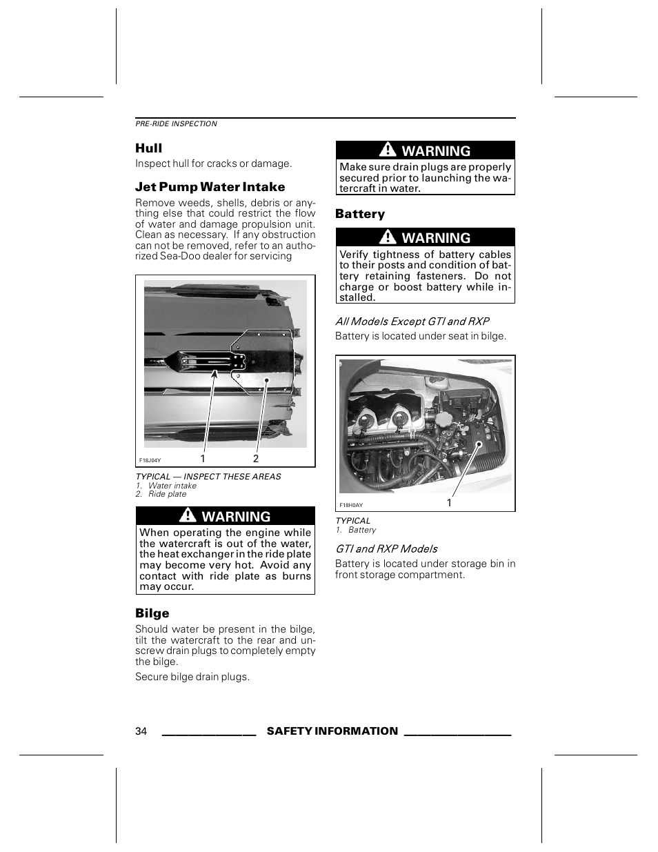 Hull, Jet pump water intake, Typical — inspect these areas | Bilge, Battery, Typical | Ski-Doo WAKE Series User Manual | Page 36 / 148