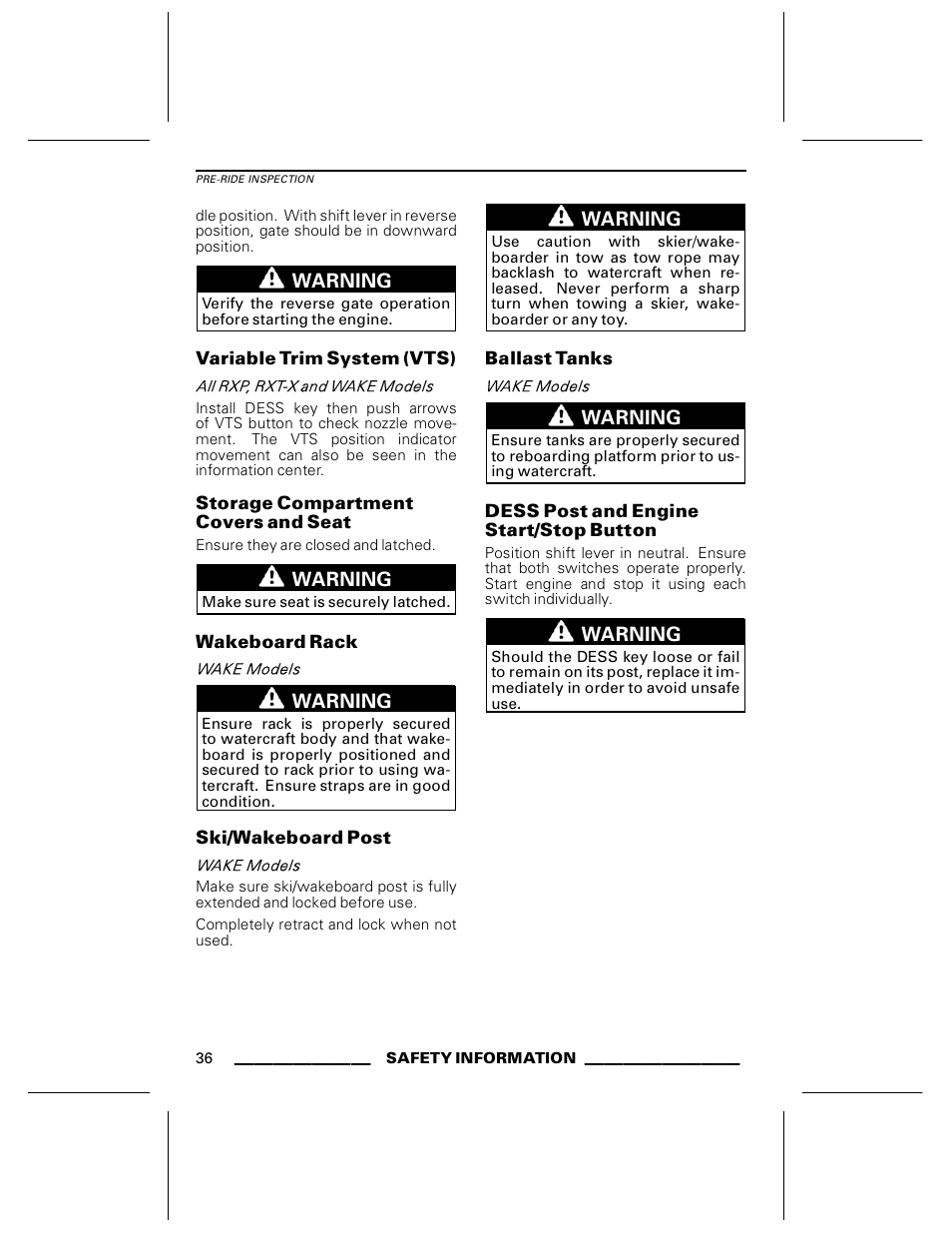 Variable trim system (vts), Storage compartment covers and seat, Wakeboard rack | Ski/wakeboard post, Ballast tanks, Dess post and engine start/stop button | Ski-Doo WAKE Series User Manual | Page 38 / 148