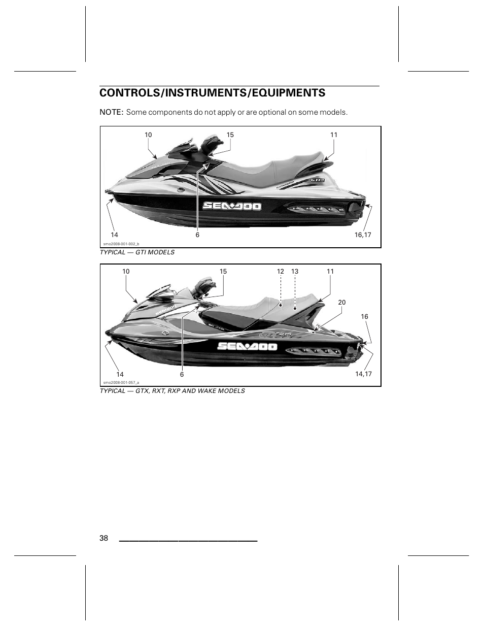 Controls/instruments/equipments, Typical — gti models, Typical — gtx, rxt, rxp and wake models | Ski-Doo WAKE Series User Manual | Page 40 / 148