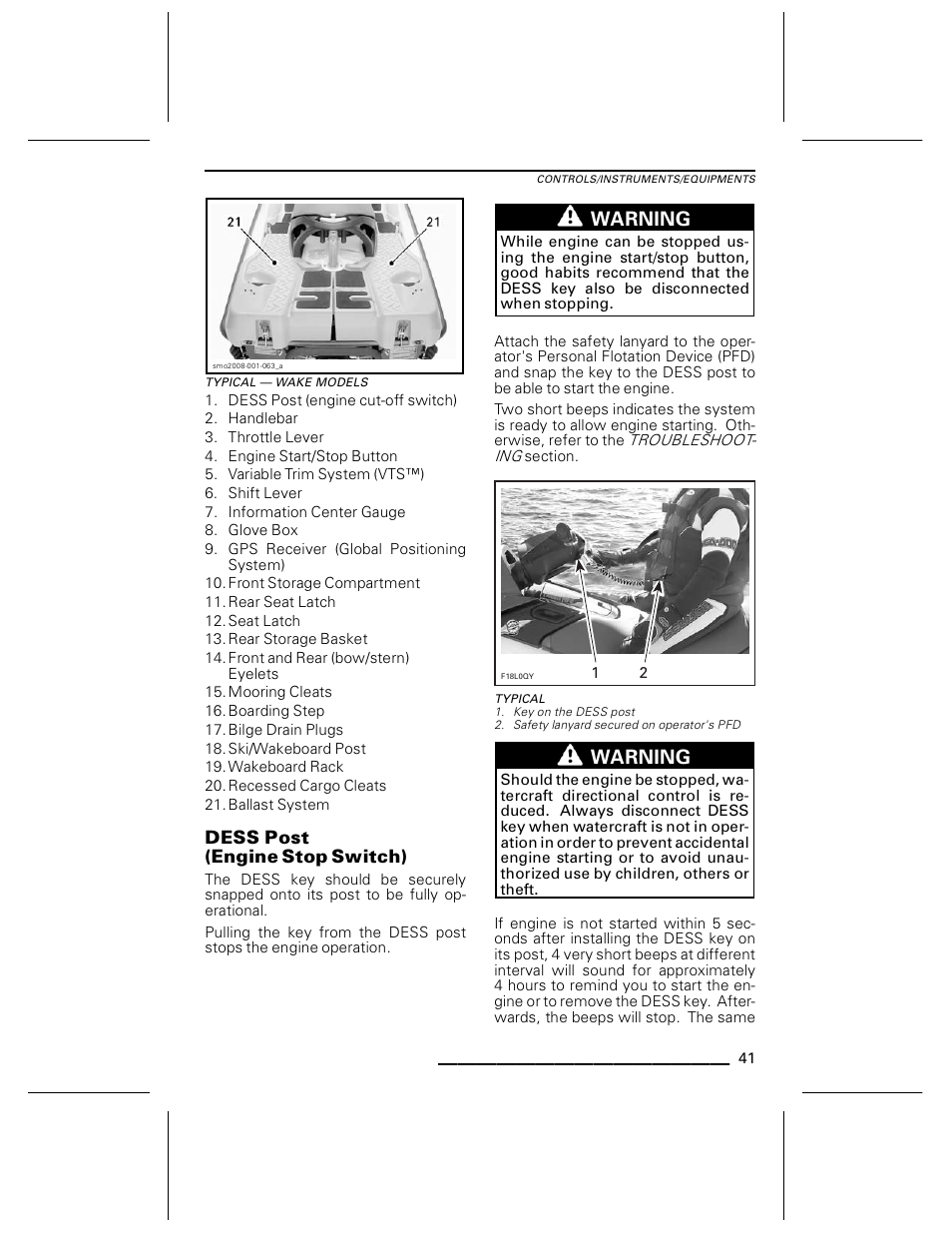Typical — wake models, Dess post (engine stop switch), Typical | Warning | Ski-Doo WAKE Series User Manual | Page 43 / 148