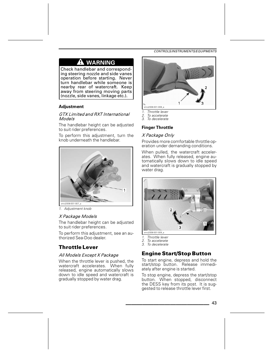 Adjustment, Throttle lever, Finger throttle | Engine start/stop button, Warning | Ski-Doo WAKE Series User Manual | Page 45 / 148