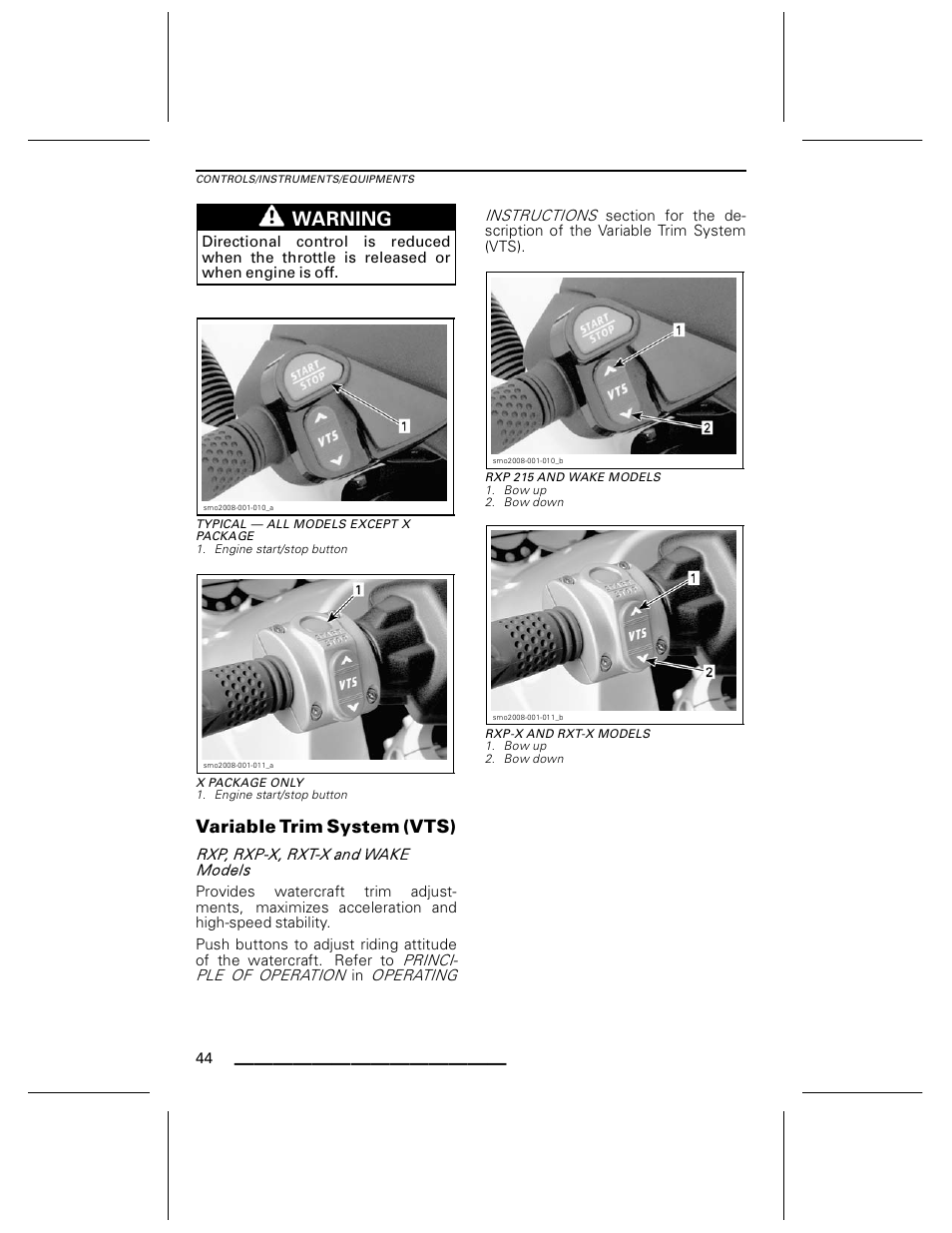 Typical — all models except x package, X package only, Variable trim system (vts) | Rxp 215 and wake models, Rxp-x and rxt-x models, Warning | Ski-Doo WAKE Series User Manual | Page 46 / 148