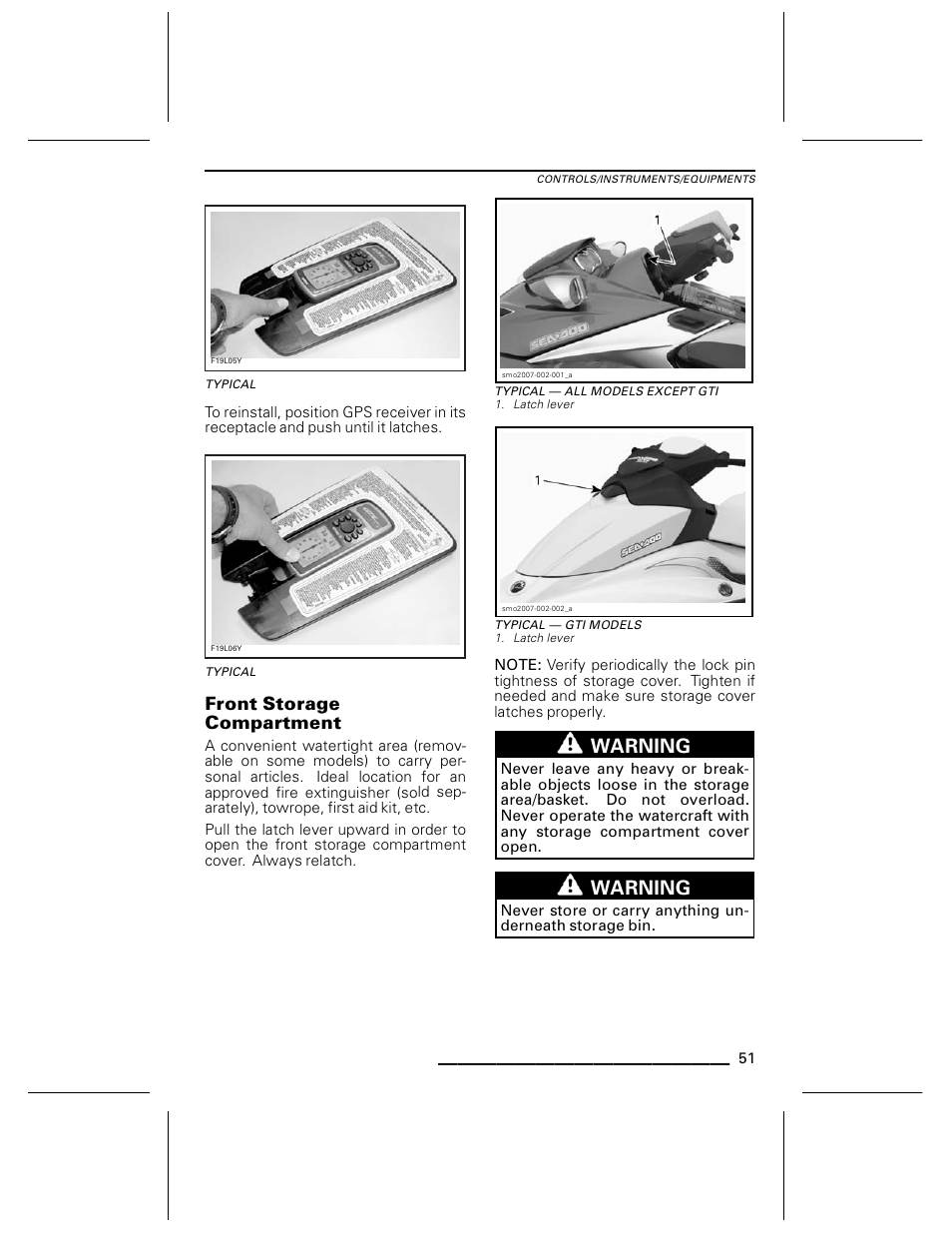 Typical, Front storage compartment, Typical — all models except gti | Typical — gti models, Warning | Ski-Doo WAKE Series User Manual | Page 53 / 148