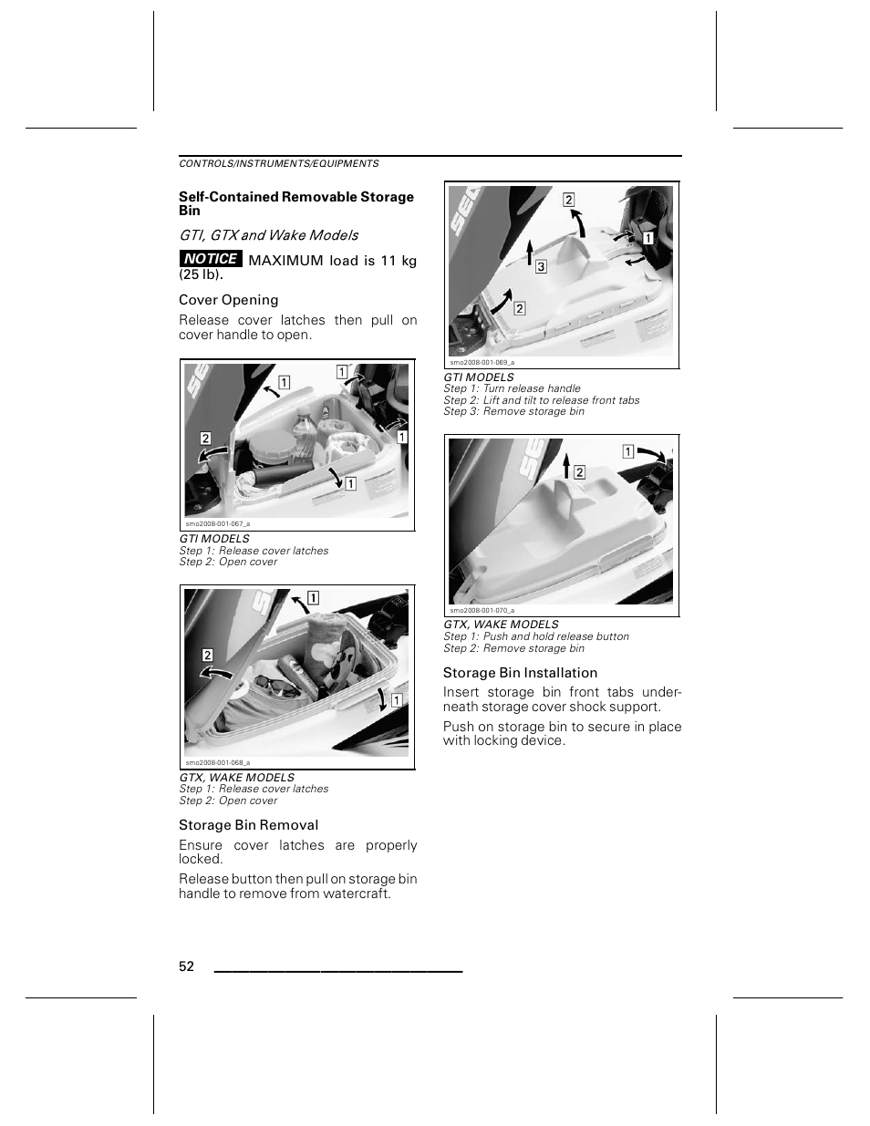 Self-contained removable storage bin, Cover opening, Gti models | Gtx, wake models, Storage bin removal, Storage bin installation | Ski-Doo WAKE Series User Manual | Page 54 / 148