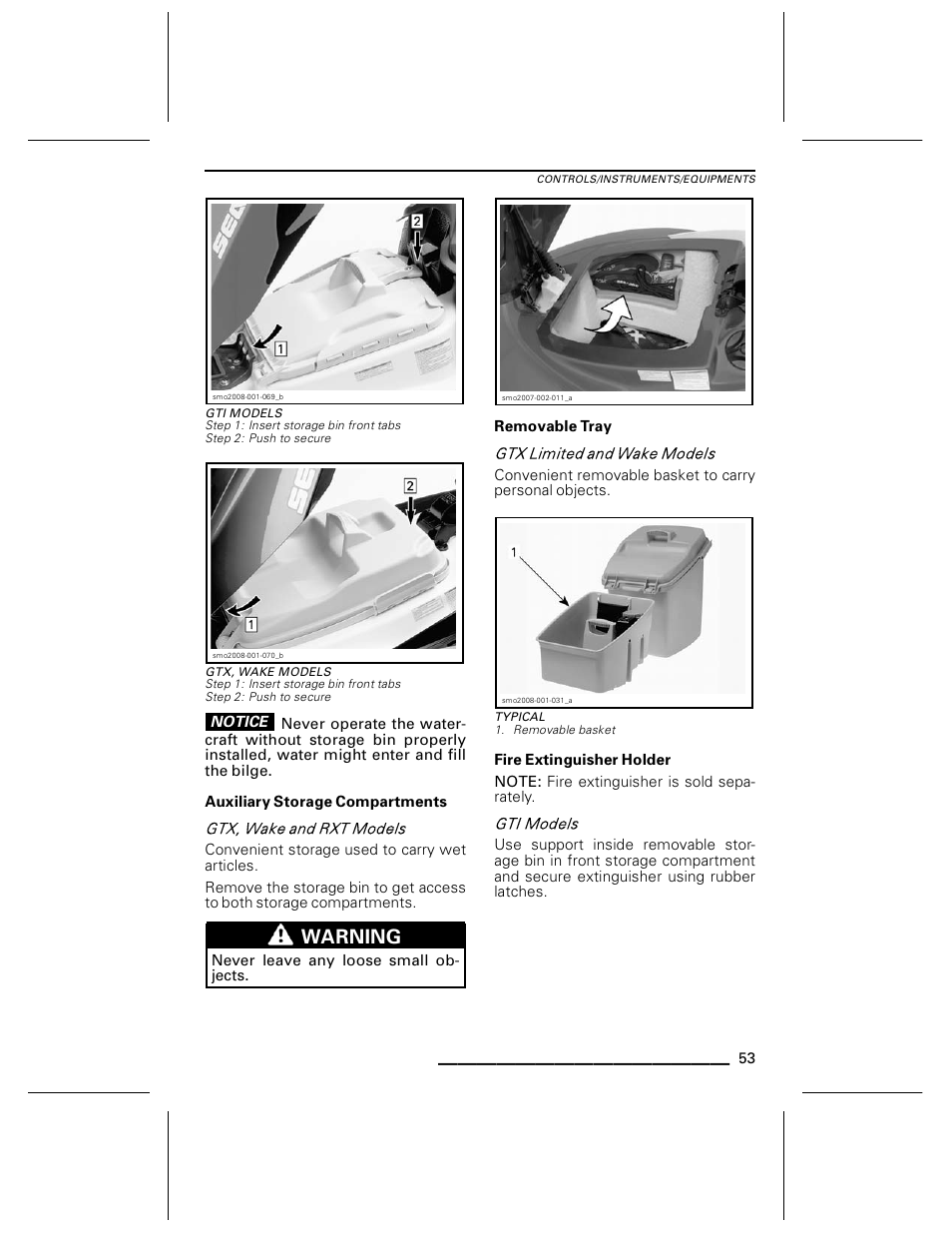 Gti models, Gtx, wake models, Auxiliary storage compartments | Removable tray, Typical, Fire extinguisher holder, Warning | Ski-Doo WAKE Series User Manual | Page 55 / 148