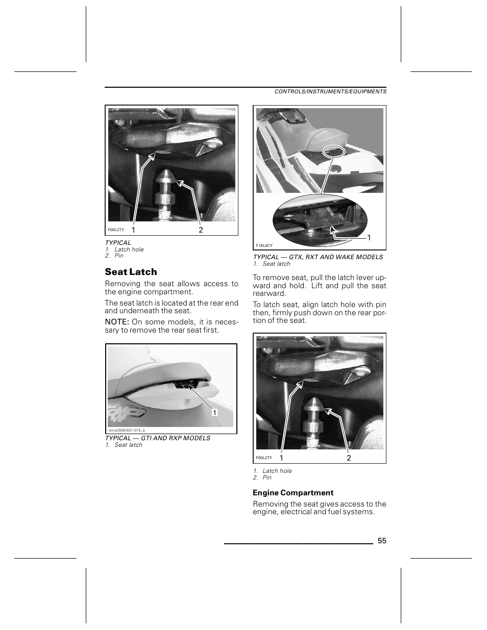 Typical, Seat latch, Typical — gti and rxp models | Typical — gtx, rxt and wake models, Engine compartment | Ski-Doo WAKE Series User Manual | Page 57 / 148