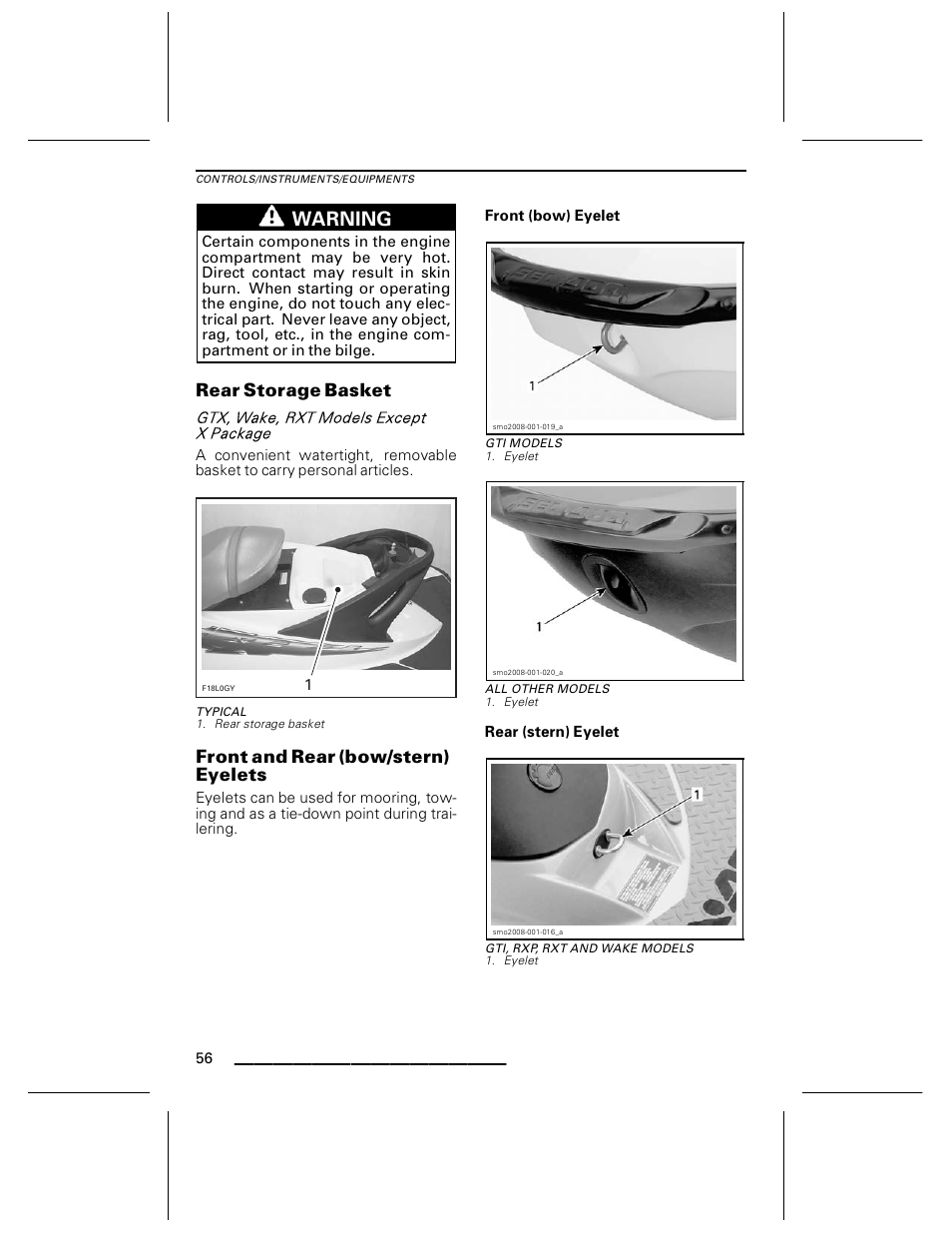 Rear storage basket, Typical, Front and rear (bow/stern) eyelets | Front (bow) eyelet, Gti models, All other models, Rear (stern) eyelet, Gti, rxp, rxt and wake models, Warning | Ski-Doo WAKE Series User Manual | Page 58 / 148