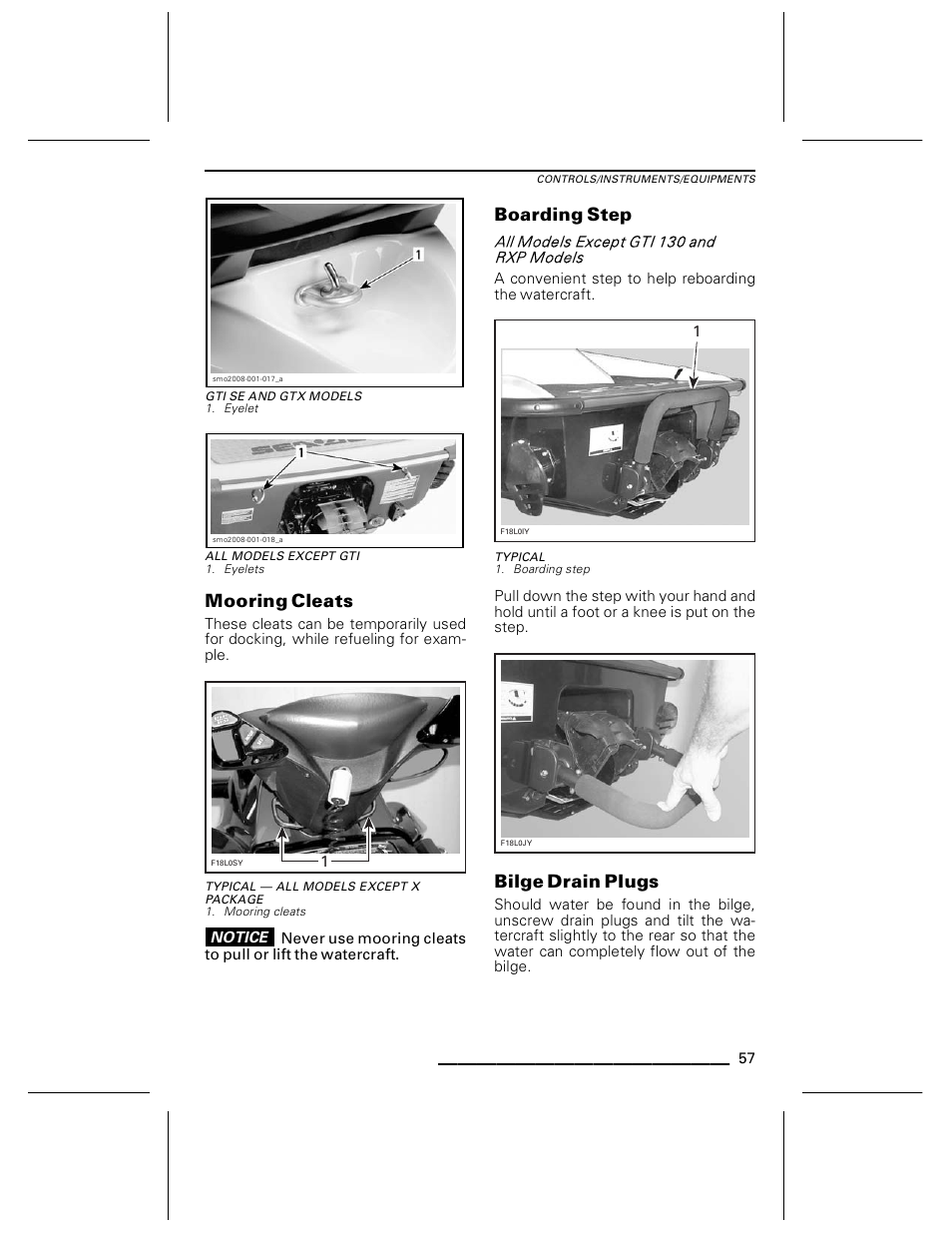 Gti se and gtx models, All models except gti, Mooring cleats | Typical — all models except x package, Boarding step, Typical, Bilge drain plugs | Ski-Doo WAKE Series User Manual | Page 59 / 148
