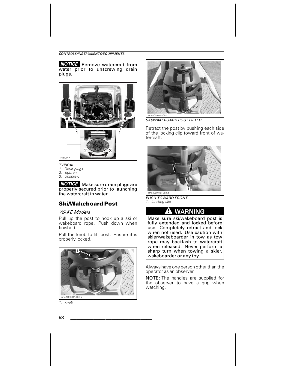 Typical, Ski/wakeboard post, Ski/wakeboard post lifted | Push toward front, Warning | Ski-Doo WAKE Series User Manual | Page 60 / 148