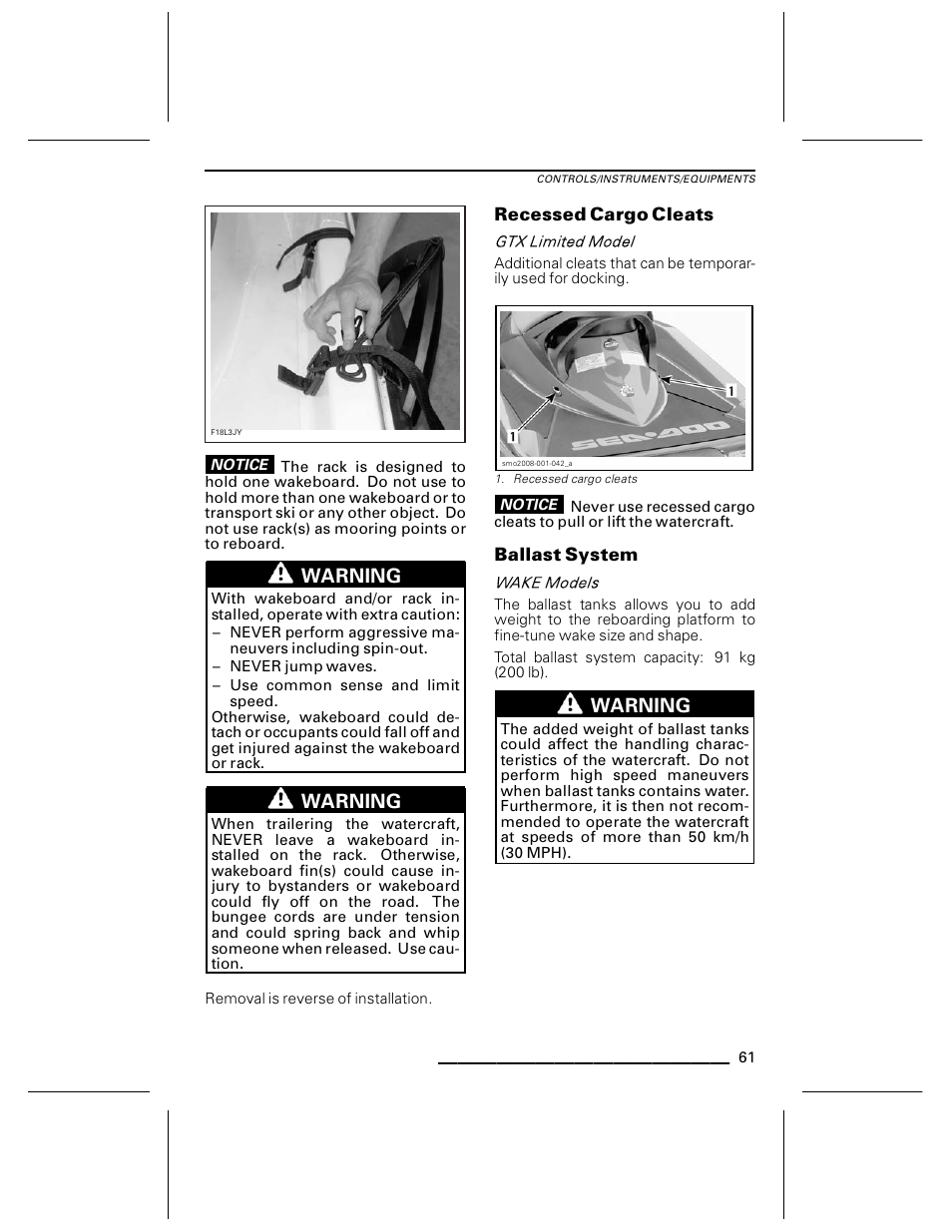 Recessed cargo cleats, Ballast system | Ski-Doo WAKE Series User Manual | Page 63 / 148