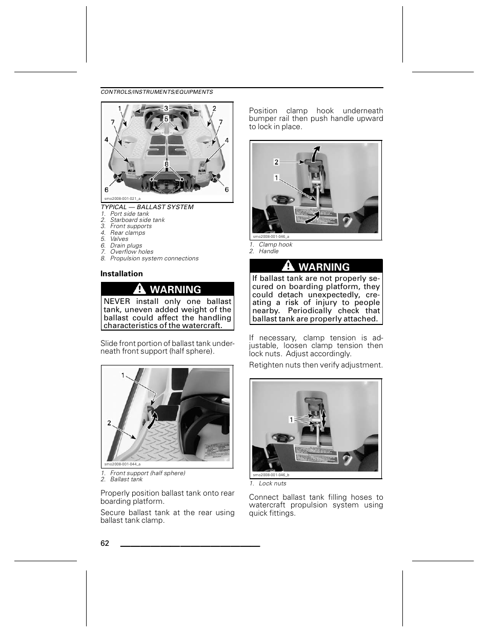 Typical — ballast system, Installation, Warning | Ski-Doo WAKE Series User Manual | Page 64 / 148