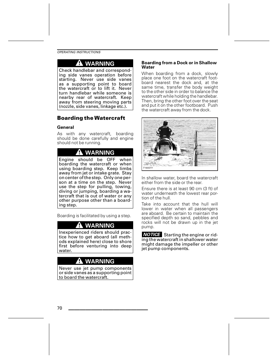 Boarding the watercraft, General, Boarding from a dock or in shallow water | Ski-Doo WAKE Series User Manual | Page 72 / 148