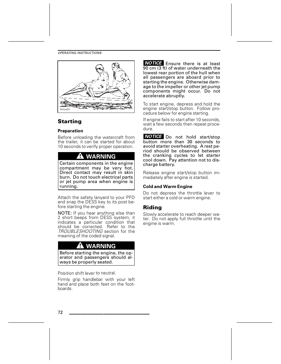 Starting, Preparation, Cold and warm engine | Riding | Ski-Doo WAKE Series User Manual | Page 74 / 148